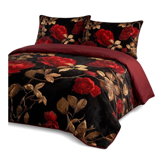 3‑Piece King Comforter Set, Black‑Red Rose Floral Themed Bedding with Pillow Shams for Bedroom