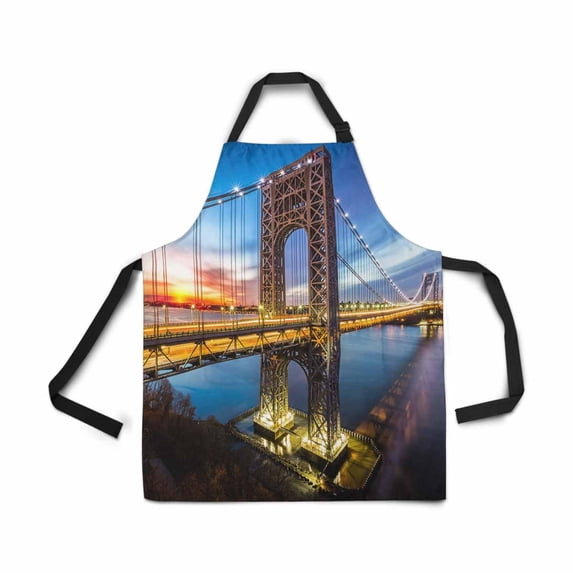 ASHLEIGH Adjustable Bib Apron for Women Men Girls Chef with Pockets George Washington Bridge Sunrise Scenery Novelty Kitchen Apron for Cooking Baking Gardening Pet Grooming Cleaning