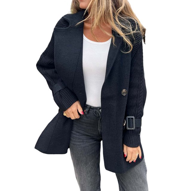 Women'S Double Breasted Wool Pea Coat Notched Lapel Cable Knit Raglan Sleeve Sweater Blazer with Cuff Straps