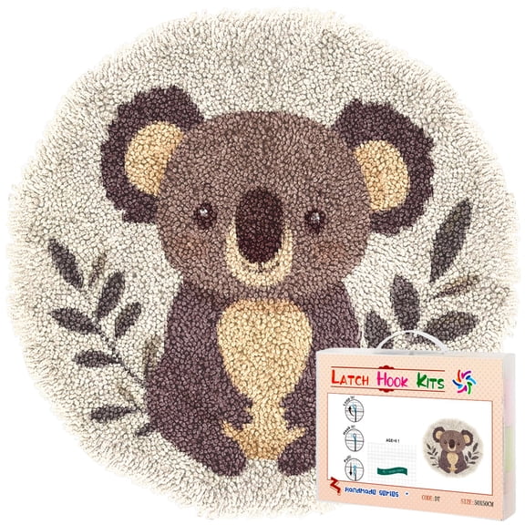 Latch Hook Rug Kit A Cute Koala Bear on Branch Stamped Handmade Round Shape Carpet Crochet Yarn Craft DIY Hook and Latch Door Mat Tapestry for Home Floor Decor 50x50cm(6)