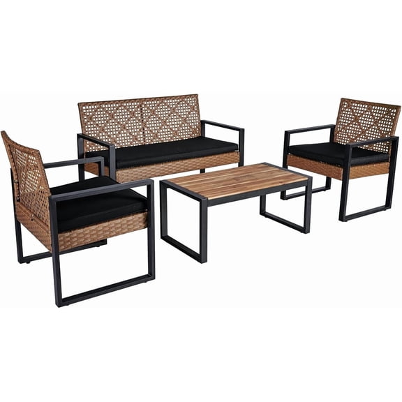 Outdoor Patio Furniture Set, 4 Piece Rattan Wicker Sectional with Loveseat Couch Sofa, Coffee Table and Chairs, Conversation Seating for Balcony, Porch, Deck, Backyard, Muebles de Exterior