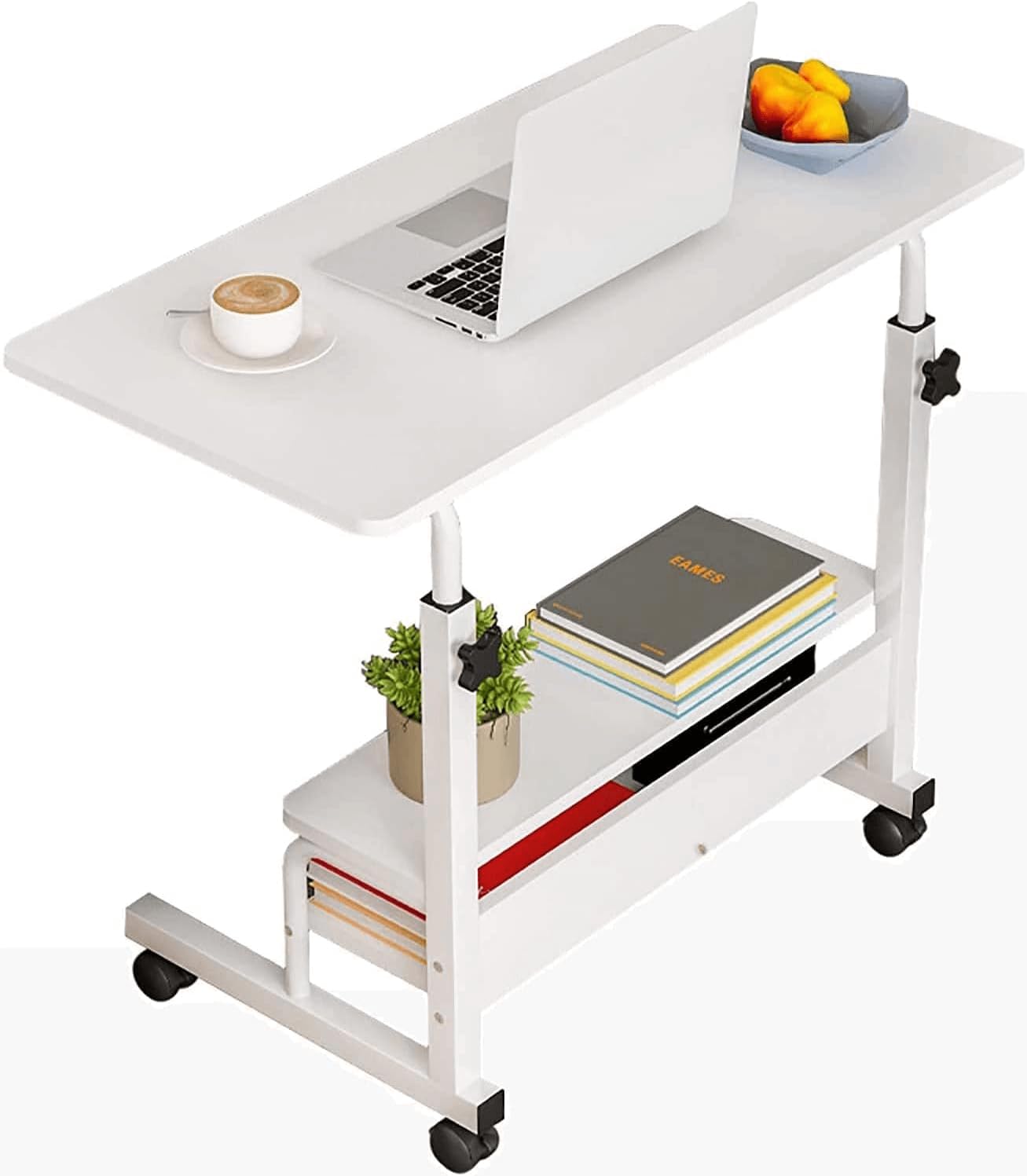 Adjustable Height Mobile Computer Desk for Small Space Rolling Writing with Wheels Corner Home Office Study Portable Bedrooms Work Desk Standing Table Sizes 31.5X15.7 Inches White