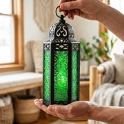 Moroccan Metal Candle Lantern Holder with LED Fairy String Lights, Medium, Green