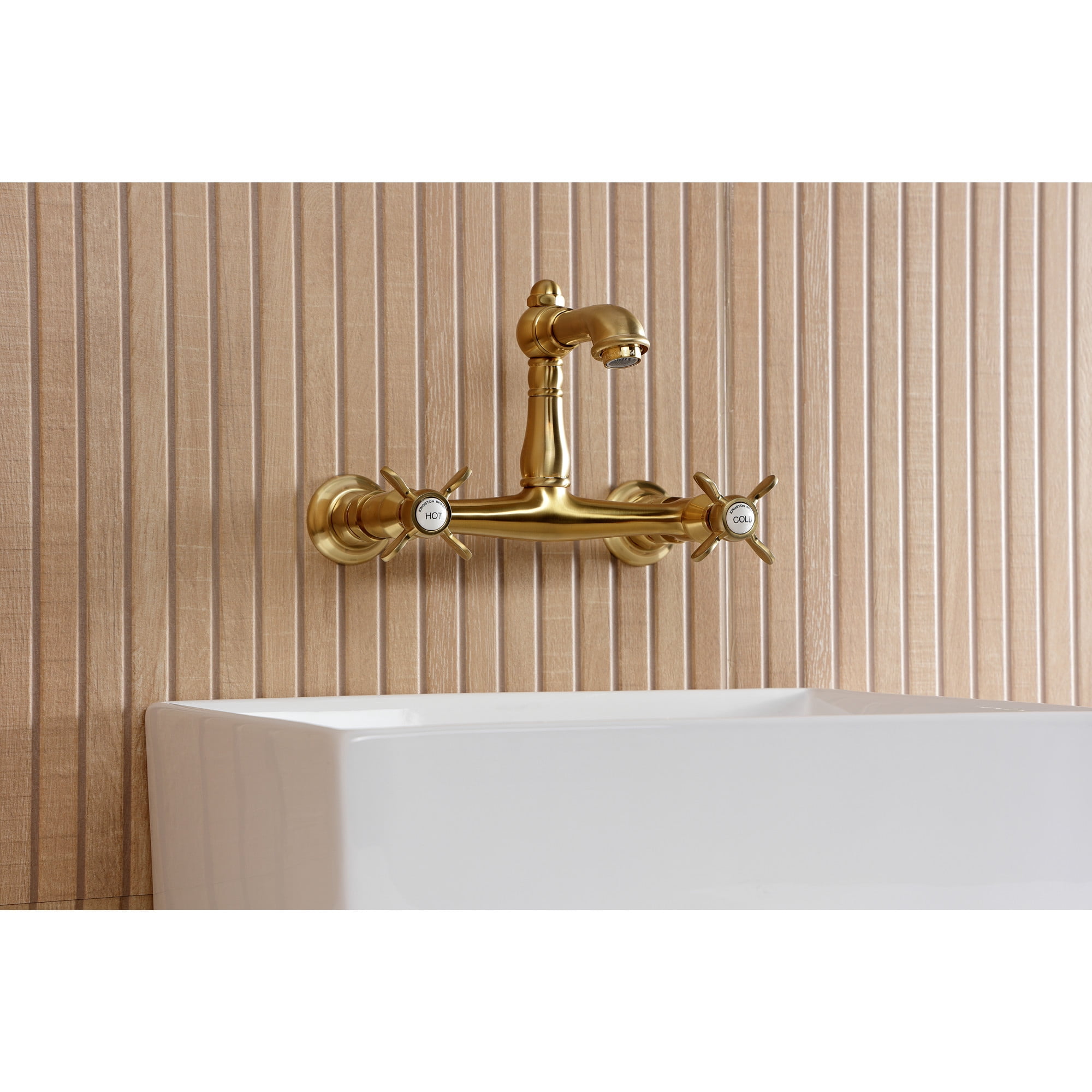 Kingston Brass KS7257BEX Essex Double-Handle 2-Hole Wall Mount Bathroom Faucet in Brushed Brass