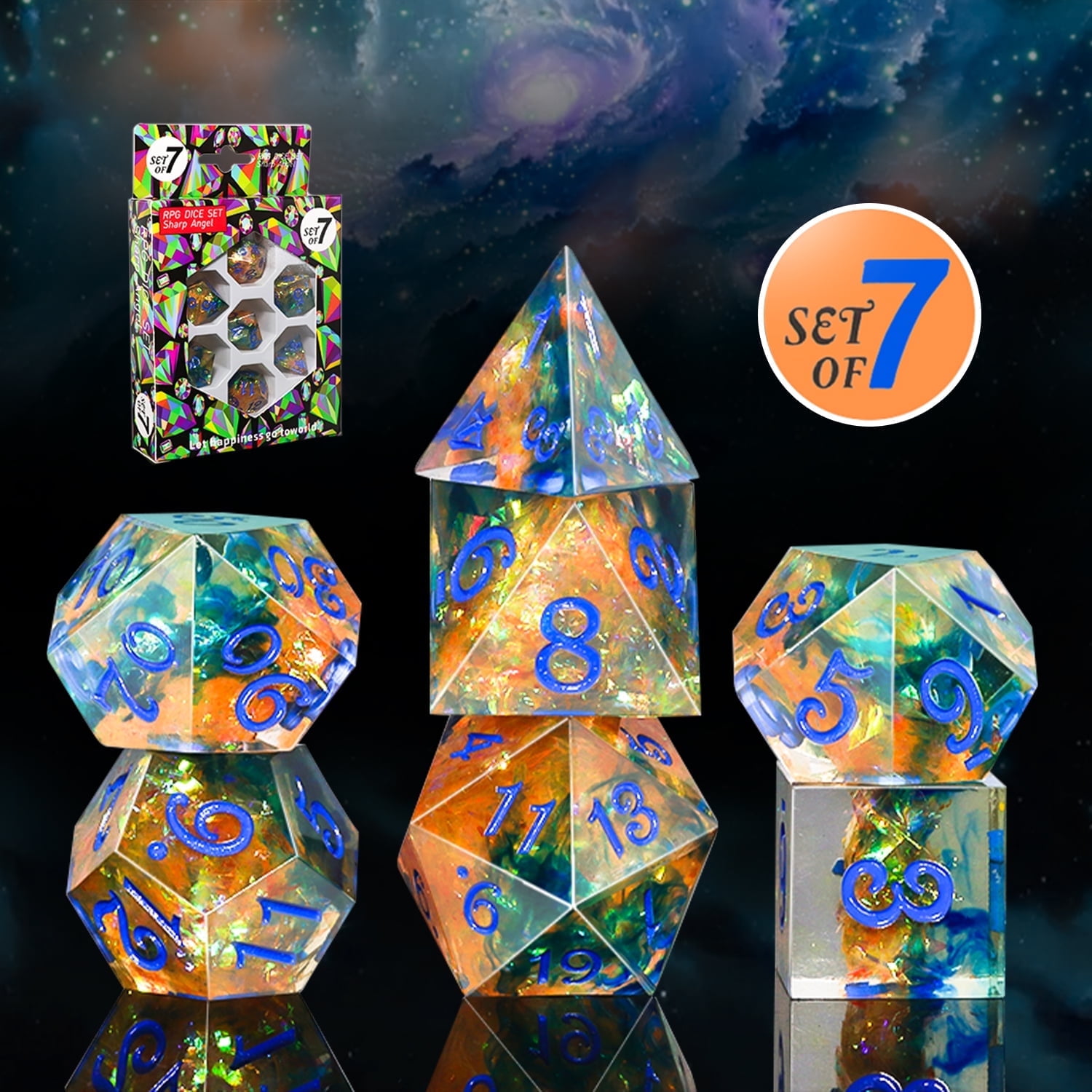 SWAJUJA Sharp Edge Resin Dice Set, 7PCS Handmade Polyhedral DND Dice with Iridescent Plating and Gift Case for Dungeons & Dragons RPG Tabletop Games
