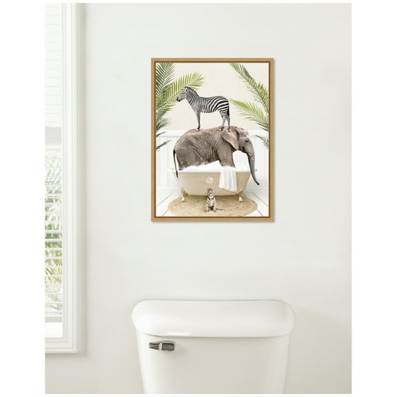 Kate and Laurel Safari Animals in Palm Bath Framed Canvas Wall Art by Amy Peterson 18 x 24 Sylvie Natural, Whimsical, Animals, Bathroom Art for Wall Decor, Living Room, Bedroom