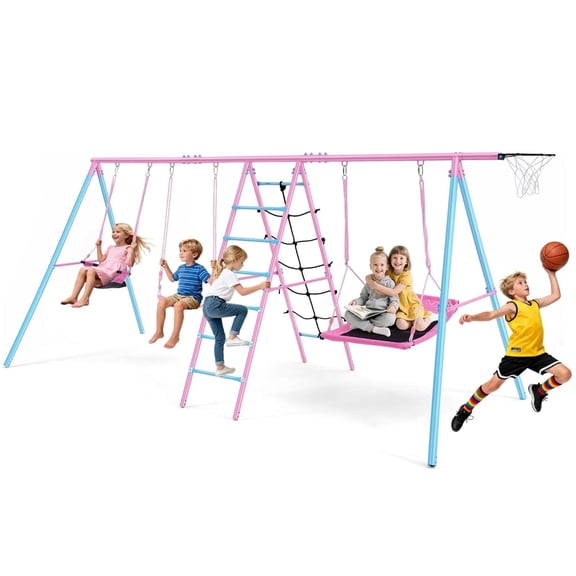 VIBESPARK 700lbs Swing Sets for Backyard, 6 in 1 Multifunction Swingset Outdoor for Kids Playground, Larger Outside Playset with 3 Adjustable Swings, Climbing Ladder and Net, Basketball Hoop, Pink