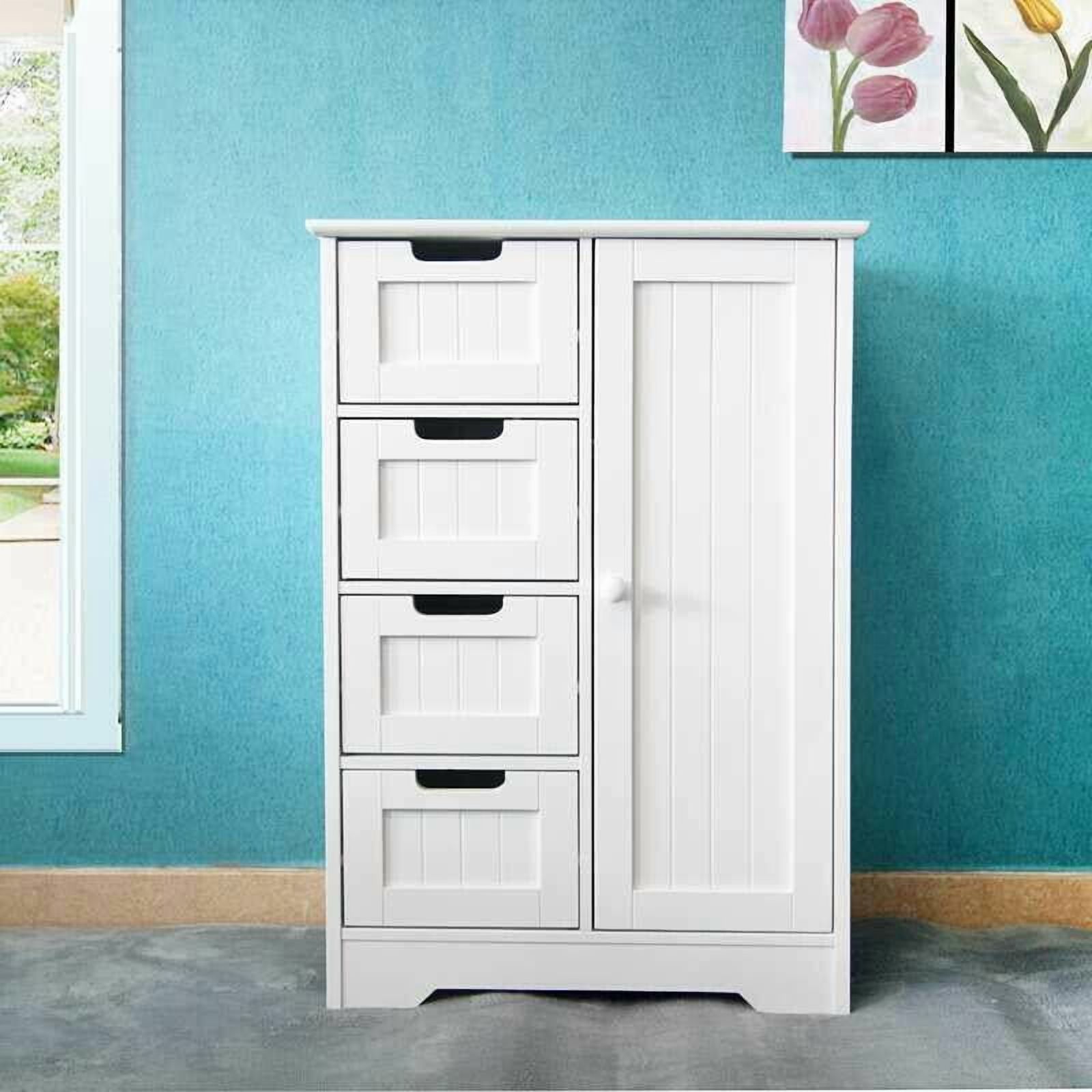 WRTHN Free-Standing Bathroom Storage Cabinet, 4 Drawers + 1 Cupboard, Waterproof P2 MDF, White, 22"L11.8"W32.3"H (3-Position Adjustable Cupboard Shelf)