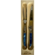 Clermont Coutellerie Laguiole Premium Dishwasher Safe Stainless Steel 2-Piece Carving Set, Marbled Bue Handle, Made In France