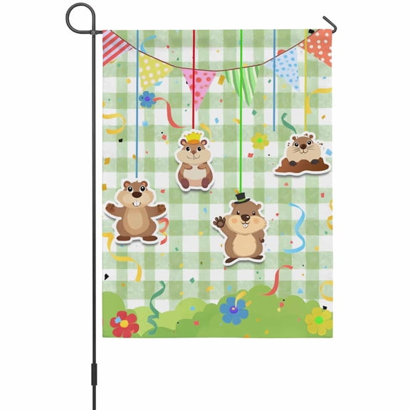 The Earth Dial Mouse Day Garden Flags For Outdoor, Cute Triangular Flags Flowers Green Plaid Small Double Side Yard Flags Weather Proof Garden Decor for Lawn Outside Holiday 12 x 18 Inches