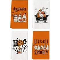 Orange Ghost Pumpkins Bats Truck Spooky Halloween Kitchen Towels Dish Towels, 18x26 Inch Jack-O''-Lantern Decoration Hand Towels Set of 4