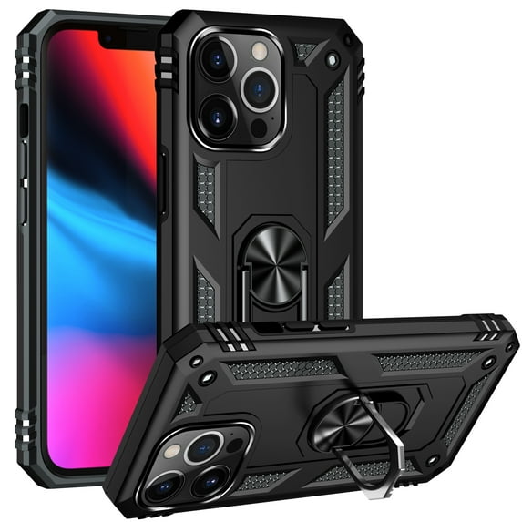 Feishell Hybrid Armor Phone Case for iPhone 13 Pro,Military Grade Shockproof 360 Rotatable Metal Ring Holder Kickstand Support Magnetic Car Mount Dual Layer Protective Phone Cover,Black