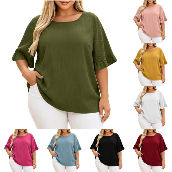 ClodeEU Women's Plus Size Crew Neck Ruff Short Sleeve T-Shirt,Casual Loose Fit Top Army Green,Women's Plus XXL