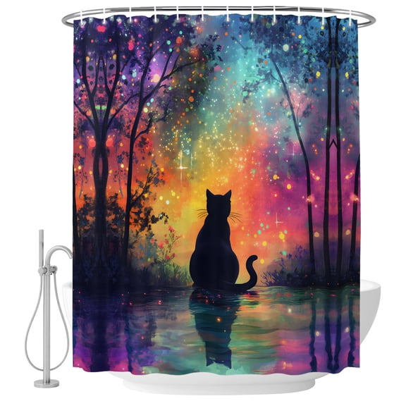 Black Cat Silhouette Shower Curtain for Bathroom, Starry Night Enchanted Forest Fantasy Waterproof Cloth Fabric Bathroom Accessories Set with 9 Rust Proof Plastic Hooks, 36"x72"