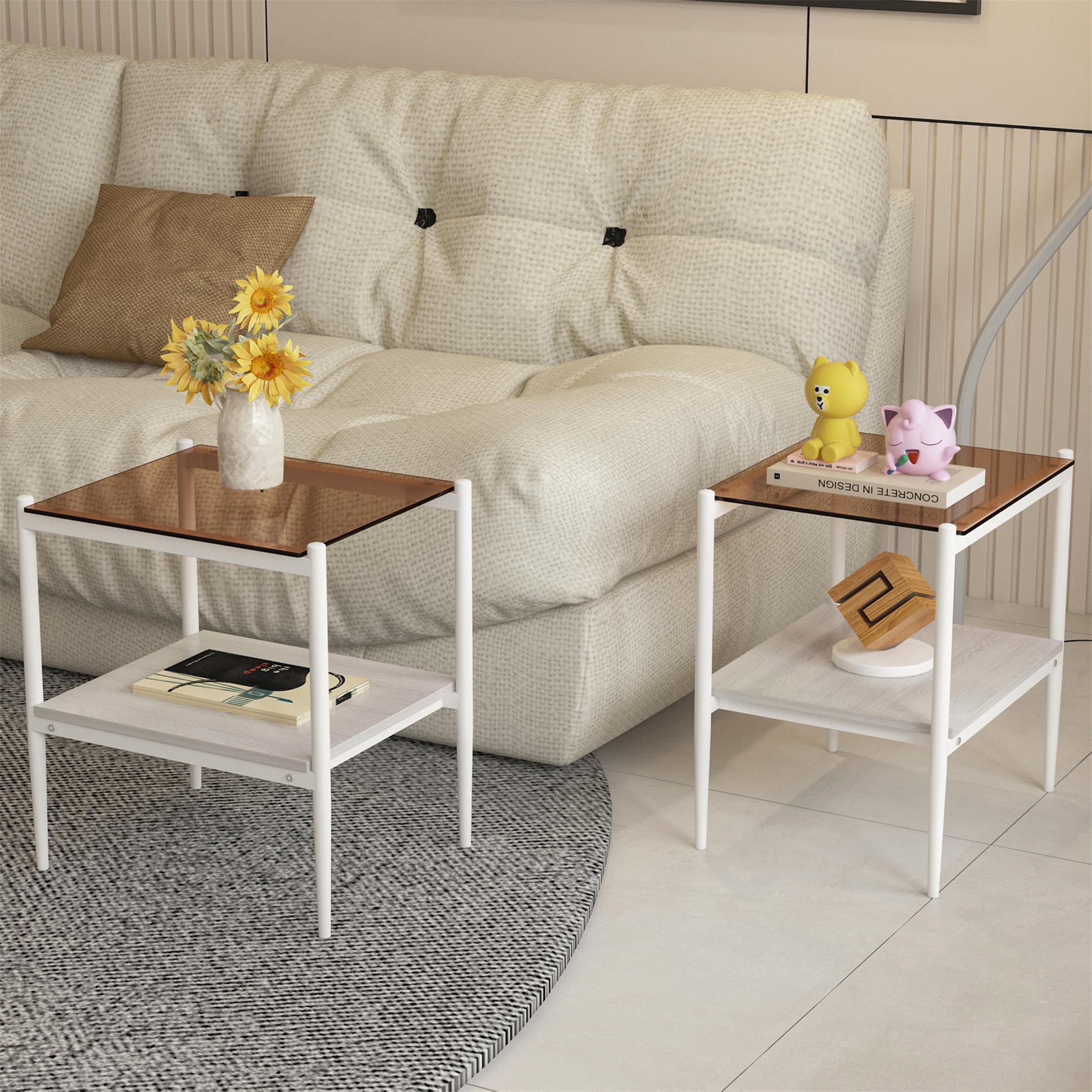 PAPROOS Nightstand Set of 2, Bedside Table with Metal Legs, Modern End Side Table with a Fabric Drawer and Shelf, Versatile Nightstand for Bedroom Sofa Entryway, Brown+White