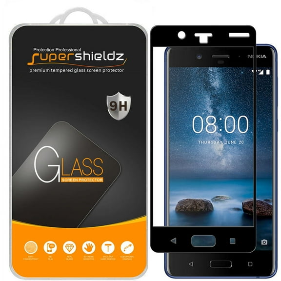 (2-Pack) Supershieldz Designed for Nokia 8 [Full Screen Coverage] Tempered Glass Screen Protector, Anti-Scratch, Anti-Fingerprint, Bubble Free (Black Frame)