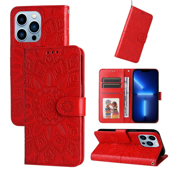 SaniMore for iPhone 14 Pro Max Wallet Case, Shockproof PU Leather Stand Cover with Card Slot Flip Kickstand Embossed Flower Magnetic Clasp Wrist Strap for iPhone 14 Pro Max, Red