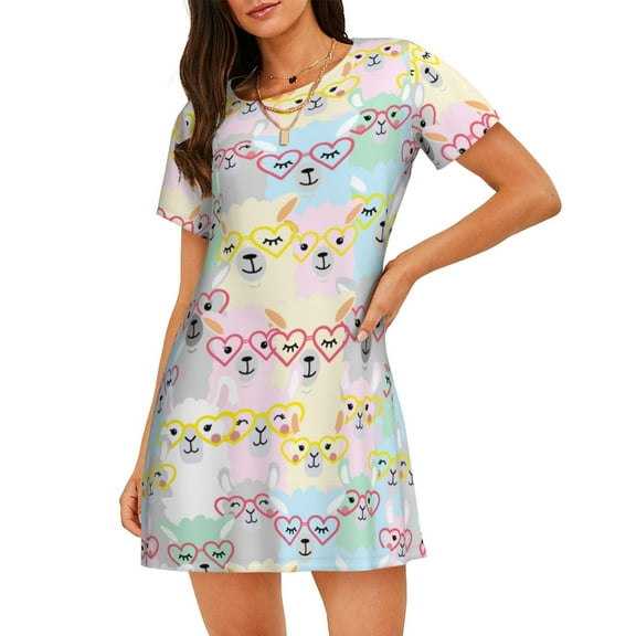 Llama Glasses Alpaca Pattern Women'S Nightgown Sleepwear Short Sleeves Nightshirt Loose Comfy Pajama Medium
