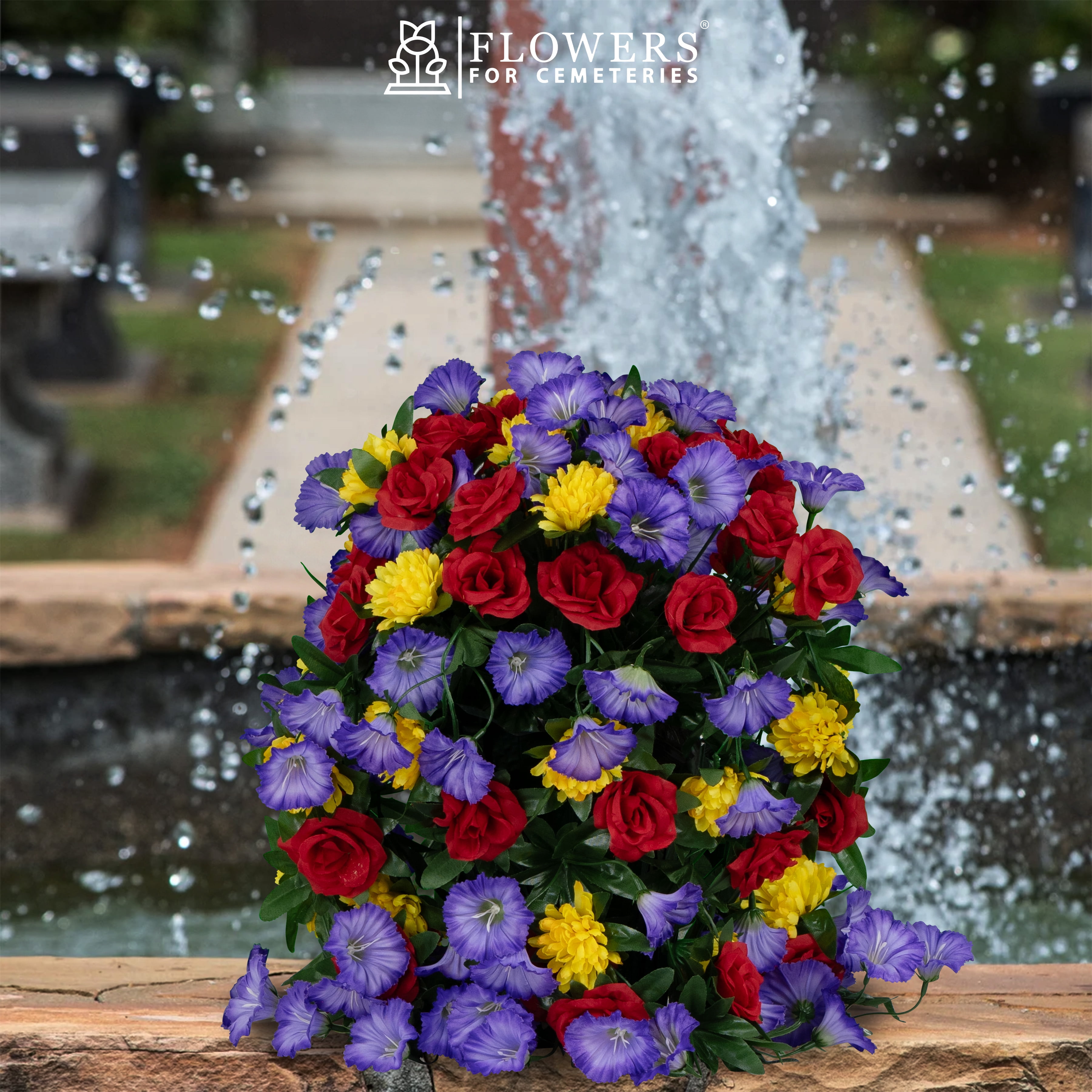 Sympathy Silks Artificial Flowers Outside Weighted Trailing Red Roses Purple Morning Glories and Yellow Mums Pot