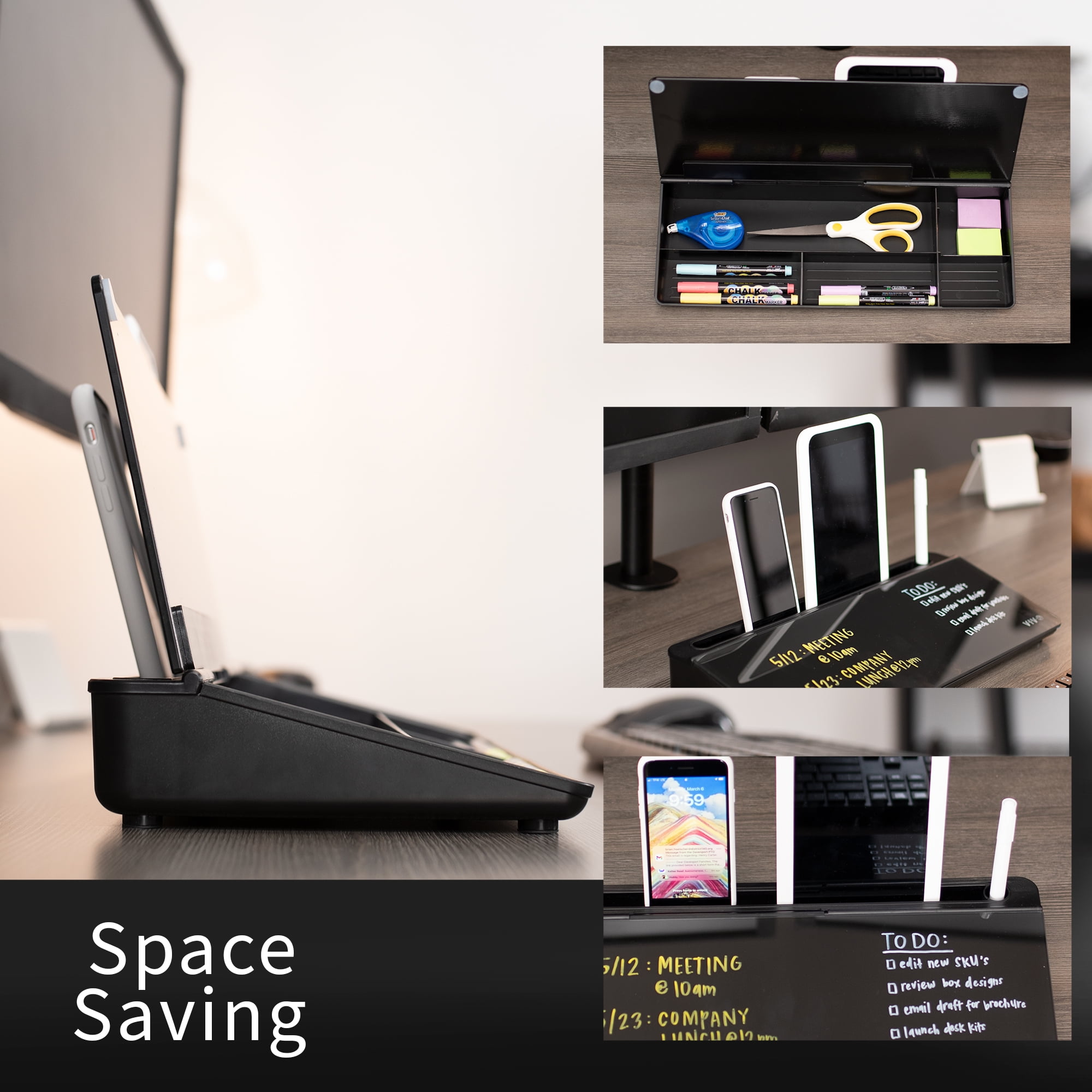 VIVO Black Desktop Dry Erase Board w/ Hidden Storage, 16" x 7" Glass Whiteboard