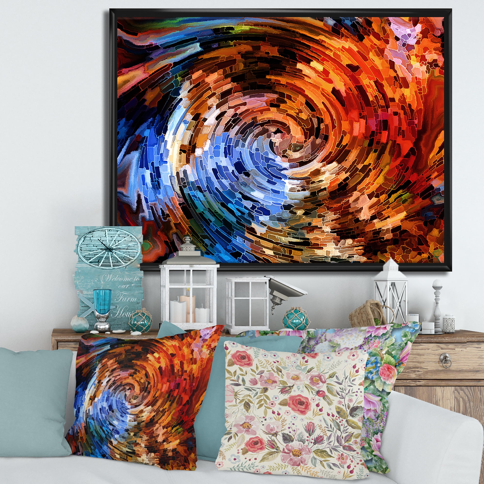 Designart 'Orange Spiral Abstract Voyages To Inner World' Modern Framed Canvas Wall Art Print