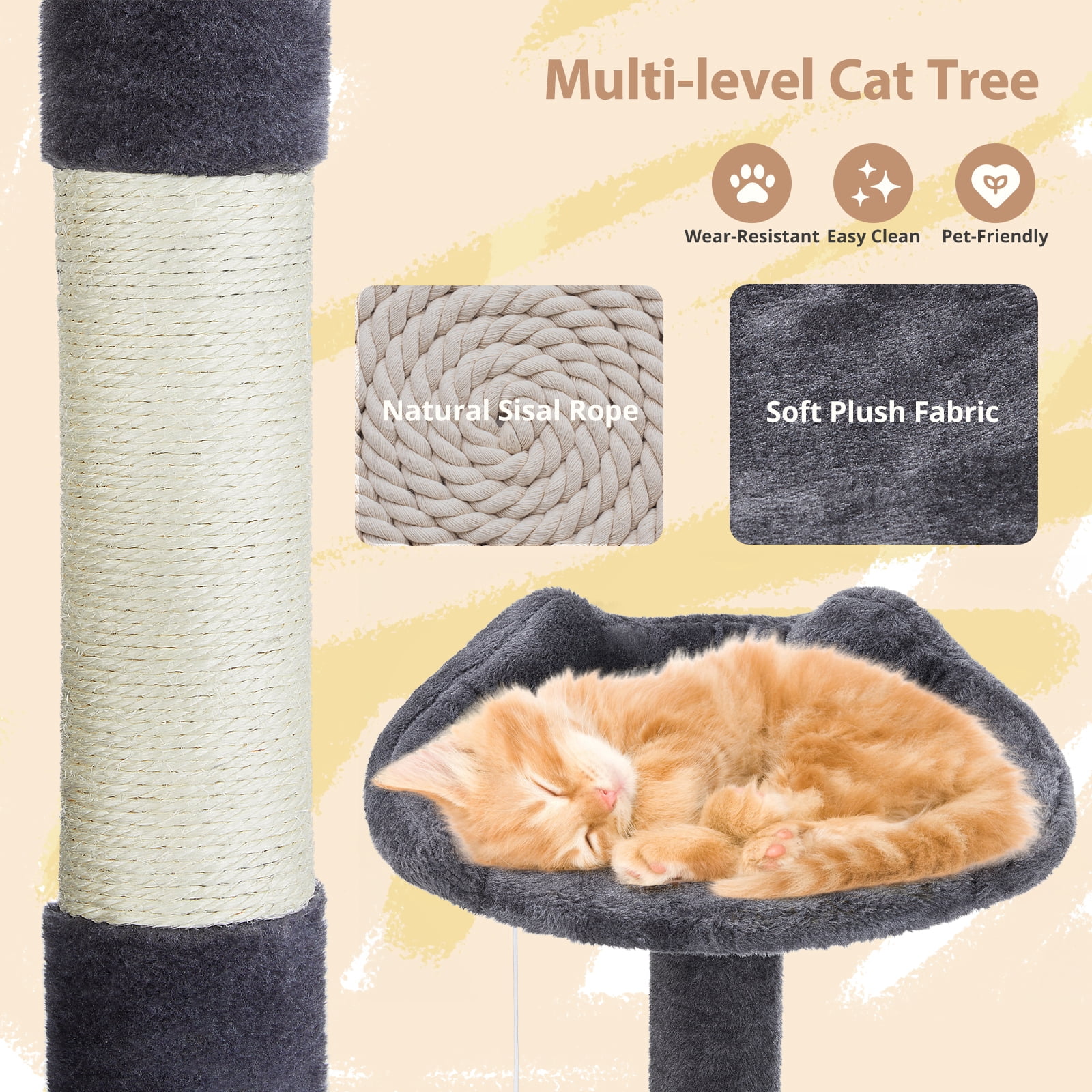 Cat Tree, 54-Inch Cat Tower with Sisal Scratching Post, Multi-Level Plush Cat Tree with Climbing Ladder, Dark Gray
