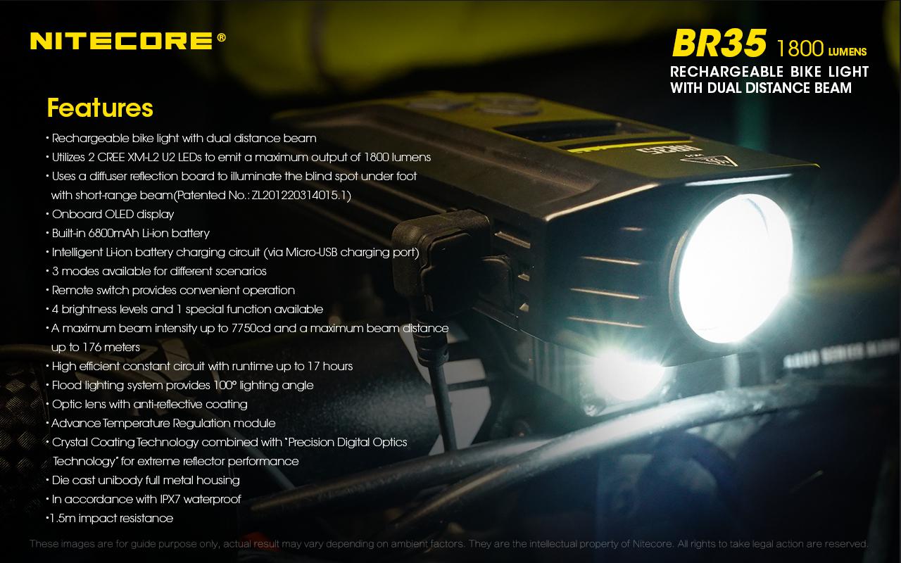 NITECORE BR35 1800 Lumen Rechargeable Bike Light -Cree, XM-L2 U2 LED with VCL10 Multi-Tool and USB Car Adapter - image 3 of 11