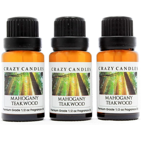 Crazy Candles Mahogany Teakwood (Made in USA) 3 Bottles 1/2 fl oz Each (15ml) Premium Grade Scented Fragrance Oil (Blend of Mahogany, Cedar wood and Oak, Lavender, Geranium)