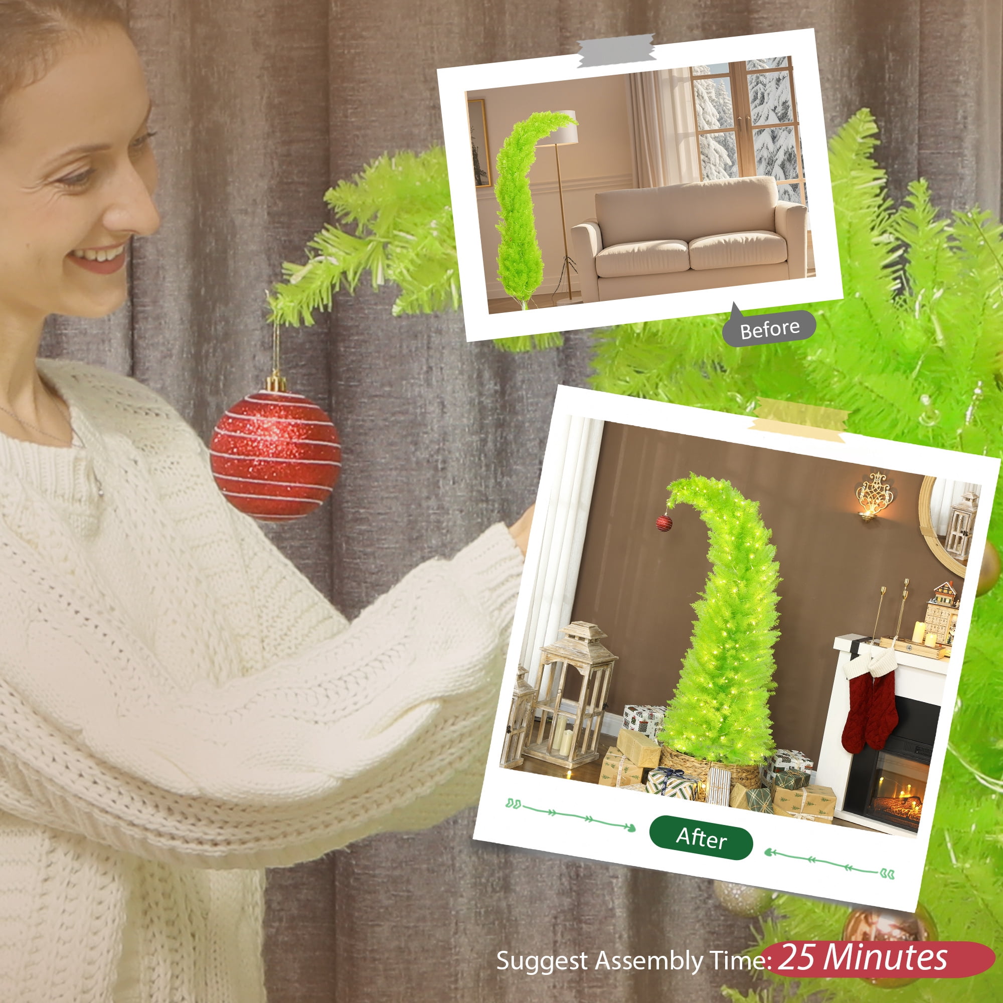 Astoutdoor 5 ft Whimsical Pre-Lit Christmas Tree with 200 Warm White LEDs, Green