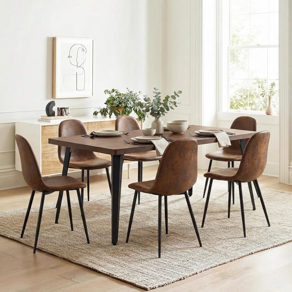 FurnitureR 7-Piece Modern Dining Table Set, 63" Rectangular Walnut Wood Kitchen Table with 6 Upholstered Charlton Chairs, Mid-Century Dining Room Set for 6, Brown