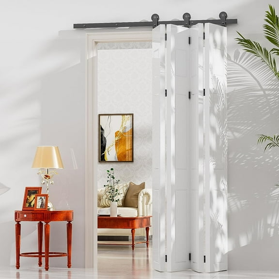 CCJH 66" Bi-Folding Barn Door Hardware Track Kit Suitable for 4 Panels Doors, New Accordion Style, Sturdy&Smoothly, Easy Install (Door Not Included)