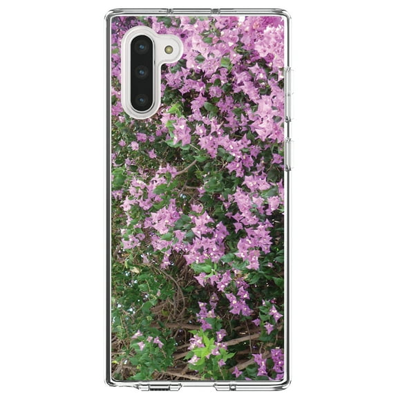 DistinctInk Clear Shockproof Hybrid Case for Samsung Galaxy Note 10 (6.3" Screen) - TPU Bumper, Acrylic Back, Tempered Glass Screen Protector - Purple Flowers Mykonos Greece