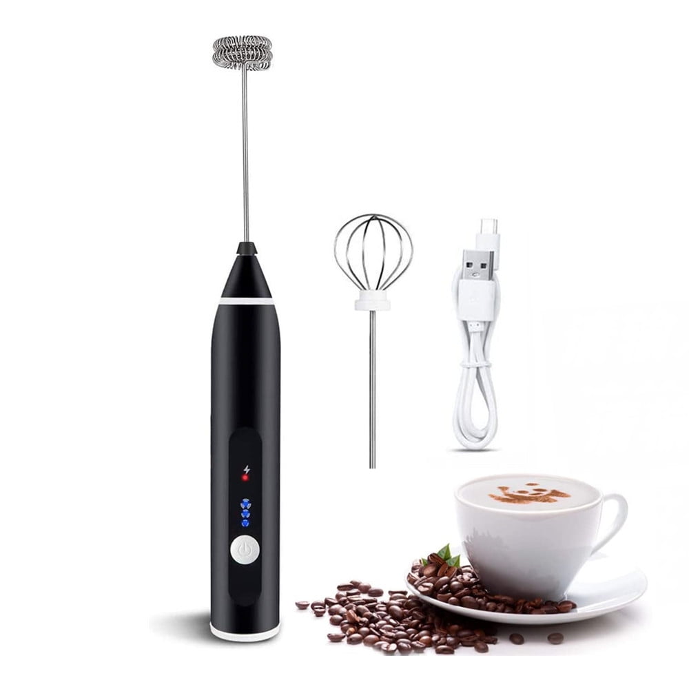 USB Rechargeable Milk Frother Handheld Electric Whisk Egg Beater Low Noise Foam Maker with 3 Adjustable Speeds and 2 Stainless Steel Heads for Hot Chocolate Coffee Cappuccino Latte 