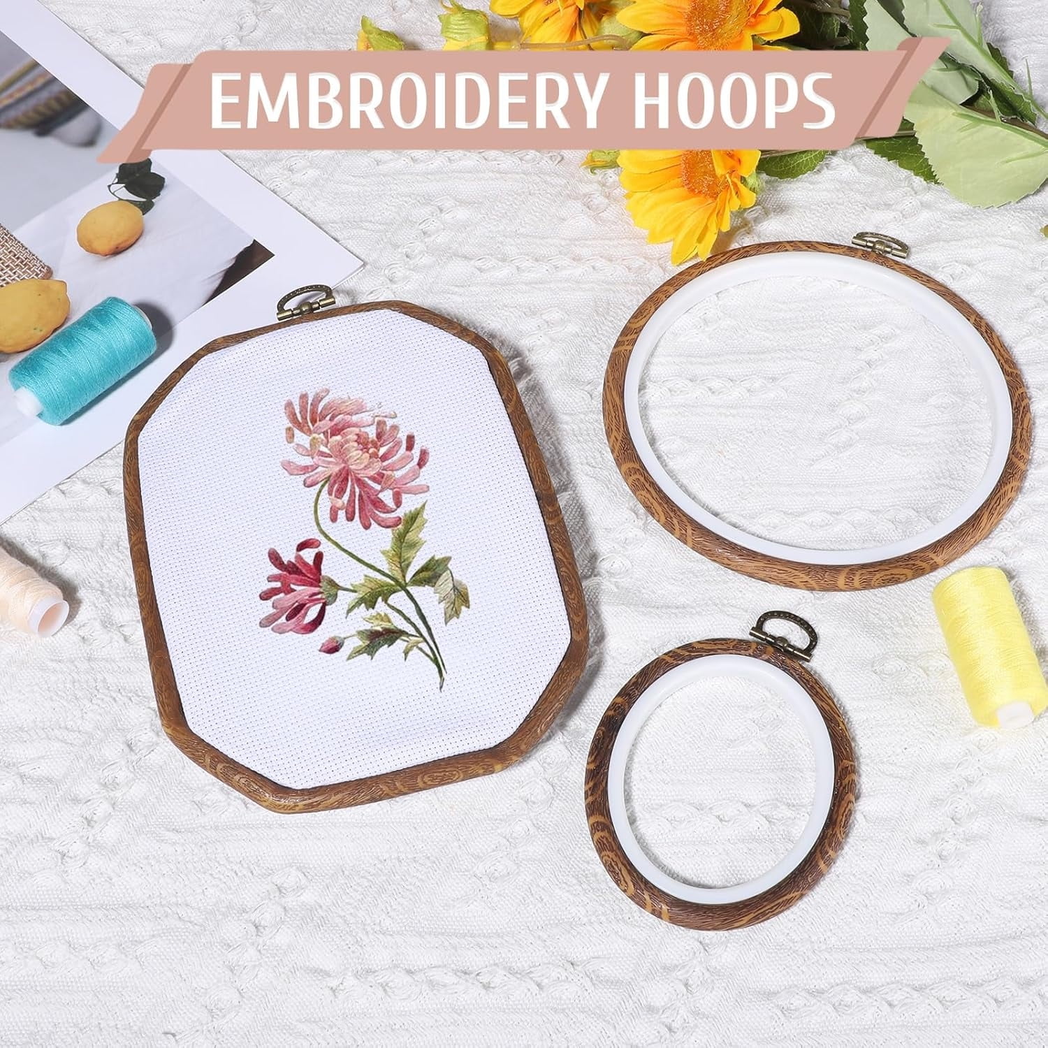 Topboutique 9 Pcs Embroidery Hoop Set Embroidery Frame Decorative Imitated Wood Display Frame Circle Oval Rectangle Octagonal Cross Stitch Hoop Ring Craft Sewing Hoops for DIY Embroidery Projects