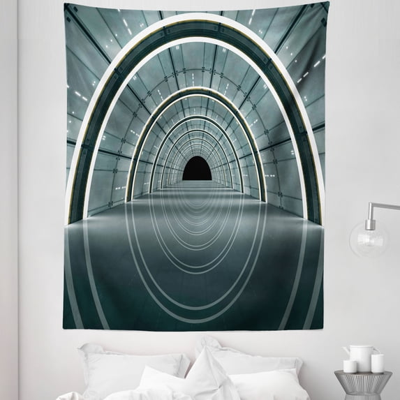 Outer Space Tapestry, Science Fiction Theme 3D Design Futuristic Corridor Technologic Image Print, Fabric Wall Hanging Decor for Bedroom Living Room Dorm, 5 Sizes, Blue Grey, by Ambesonne
