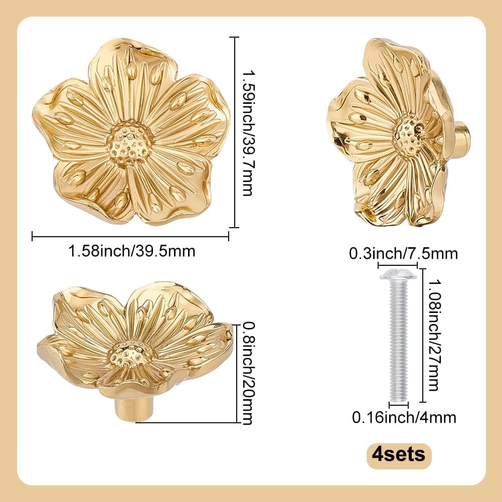 4pcs Flower Shape Brass Cabinet Knobs Gold Brushed Drawer Knobs Dressers Pulls Cabinet Hardware Handles Creative Petal Kitchen Knobs for Drawer Bathroom Closet Wardrobe Dresser Cabinet Brown