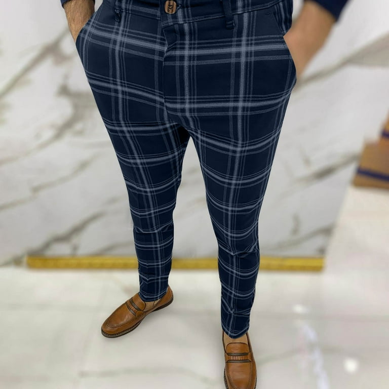 Miluxas Plaid Pants for Men, Mens Skinny Stretch Slim fit Chinos Golf Business Dress Casual Pants Navy