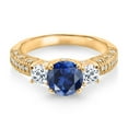 thumbnail image 2 of Gem Stone King 18K Yellow Gold Plated Silver Blue Created Sapphire White Topaz and White Moissanite Engagement Ring for Women (2.34 Cttw, Gemstone September Birthstone, Round 7MM and 4MM, Size 5), 2 of 3