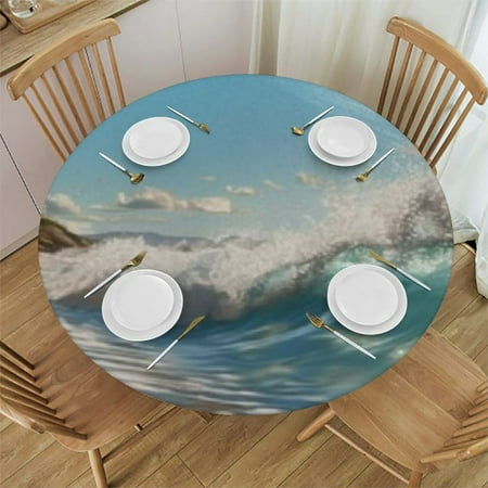 

SHERONV Palm Trees Waves Round Tablecloth with Elastic Edge - Stain-Resistant and Washable - Ideal for Indoor and Outdoor Tables - 100% Polyester Fiber - Various Sizes Available 42 -46