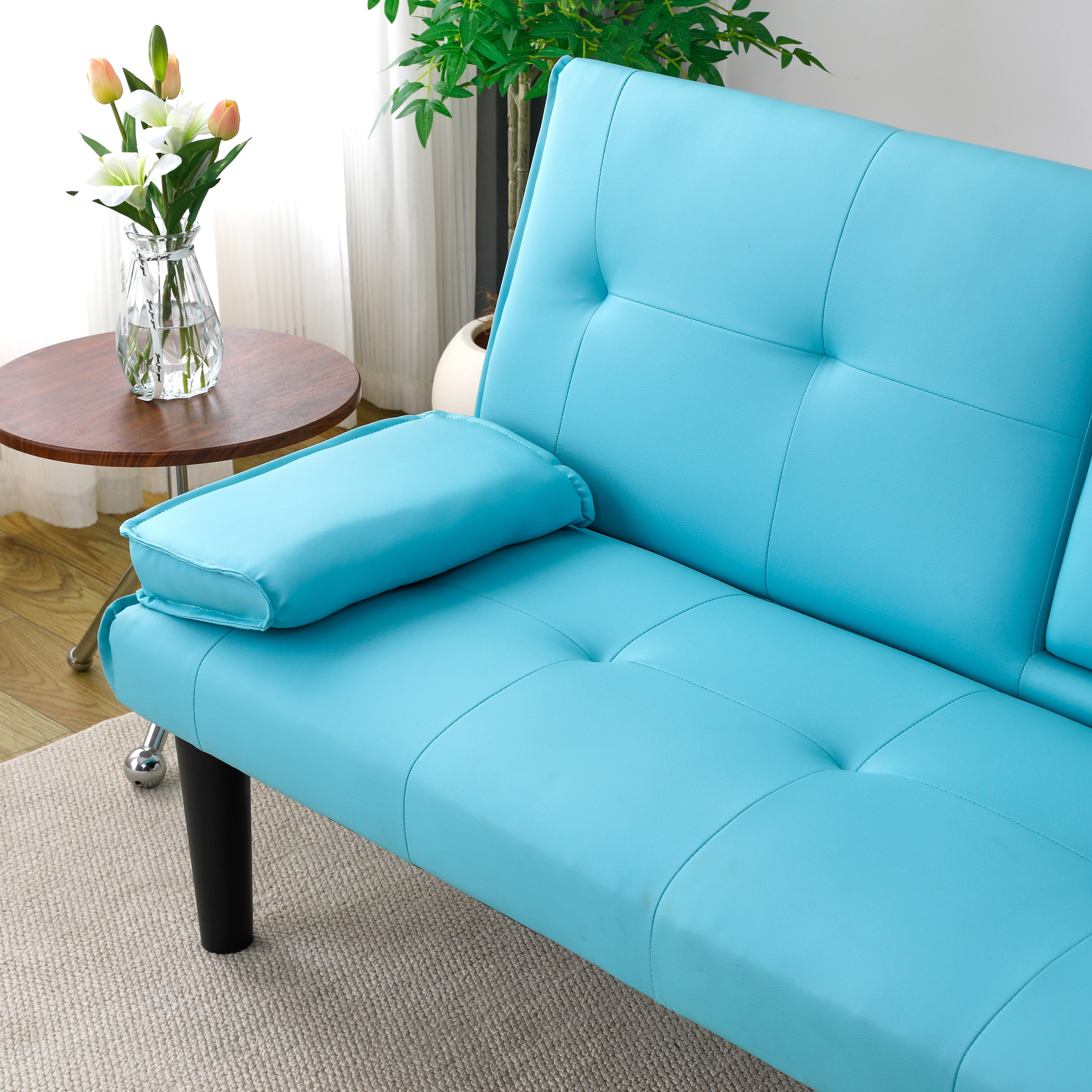 BSHTI 67-inch Foldable Futon Sleeper with S-Spring Support, 2-Seater Convertible Sofa Bed, PVC Faux Leather, Simple Assembly, Blue
