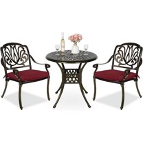 MEETWARM 3 Piece Patio Bistro Set, Outdoor All-Weather Cast Aluminum Dining Furniture Set Includes 2 Cushioned Chairs and a 31” Round Table with Umbrella Hole for Garden Deck, Chili Red