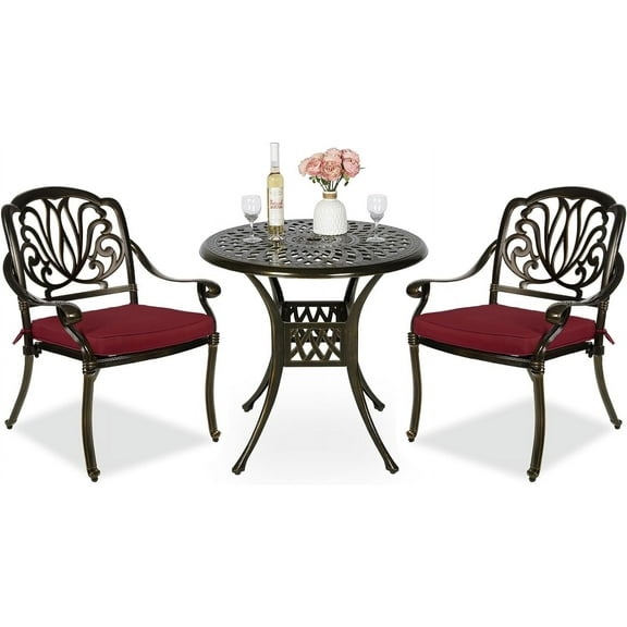 MEETWARM 3 Piece Patio Bistro Set, Outdoor All-Weather Cast Aluminum Dining Furniture Set Includes 2 Cushioned Chairs and a 31” Round Table with Umbrella Hole for Garden Deck, Chili Red