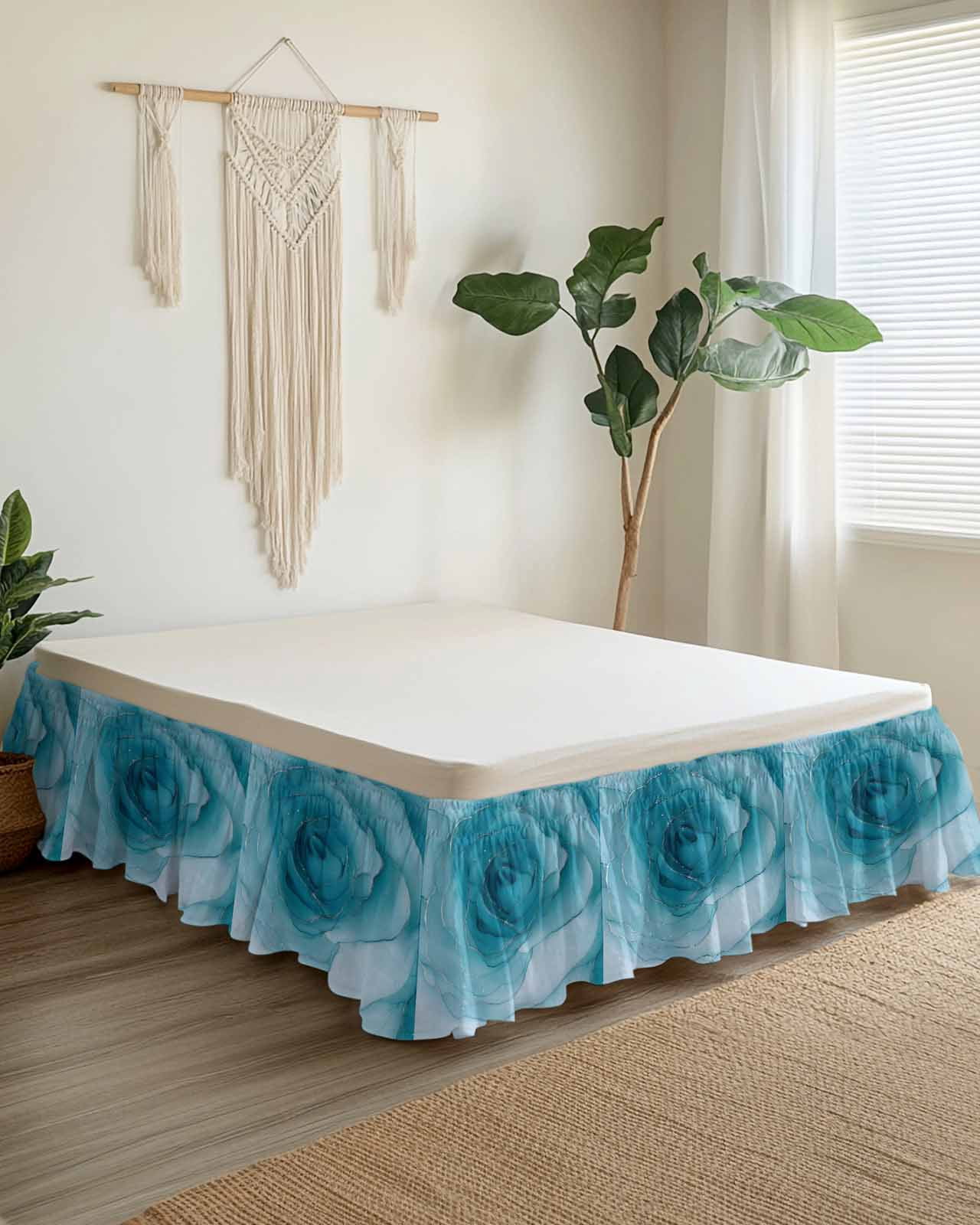 Marble Teal Blue Wrap Around Bed Skirts for King Bed 16" Drop,Bed Skirt with Adjustable Elastic Belt Dust Ruffle Bed Valance for Bedroom Hotel Modern Rose Floral Ink Art Silver Lines Bed Frame Cover