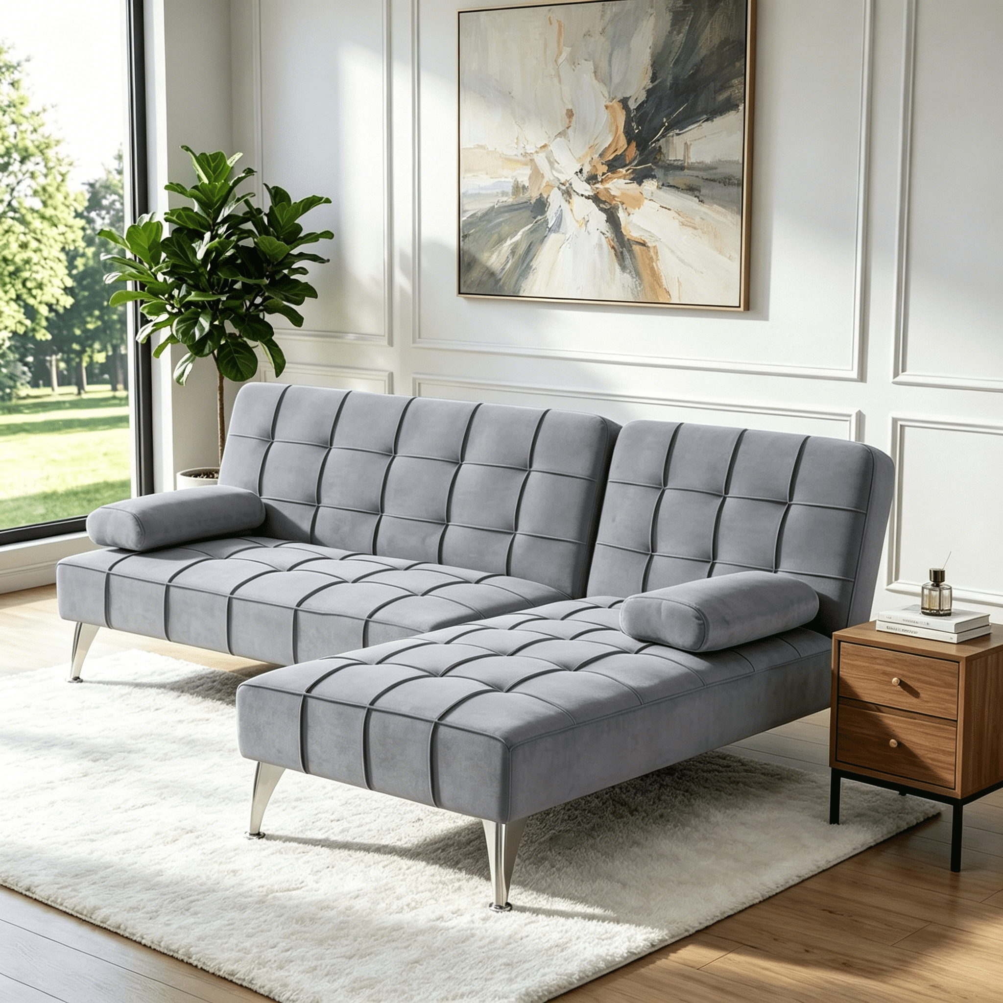 BSHTI Velvet Sectional Sofa 78.35” L Shaped Couch with Sleeper Function – Split-back design Modern Convertible Sleeper Sofa Bed for Living Room, Gray