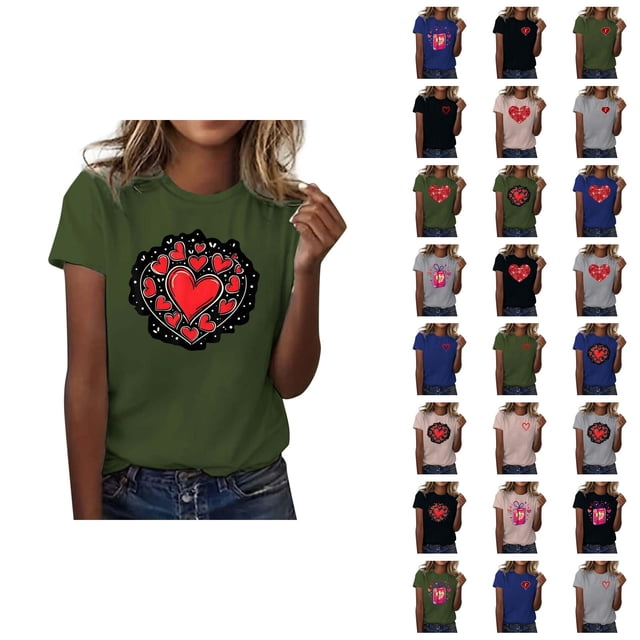 T-shirts de la Saint-Valentin pour Femmes 2026 Mode Manches Courtes Col Rond Cœur Graphique