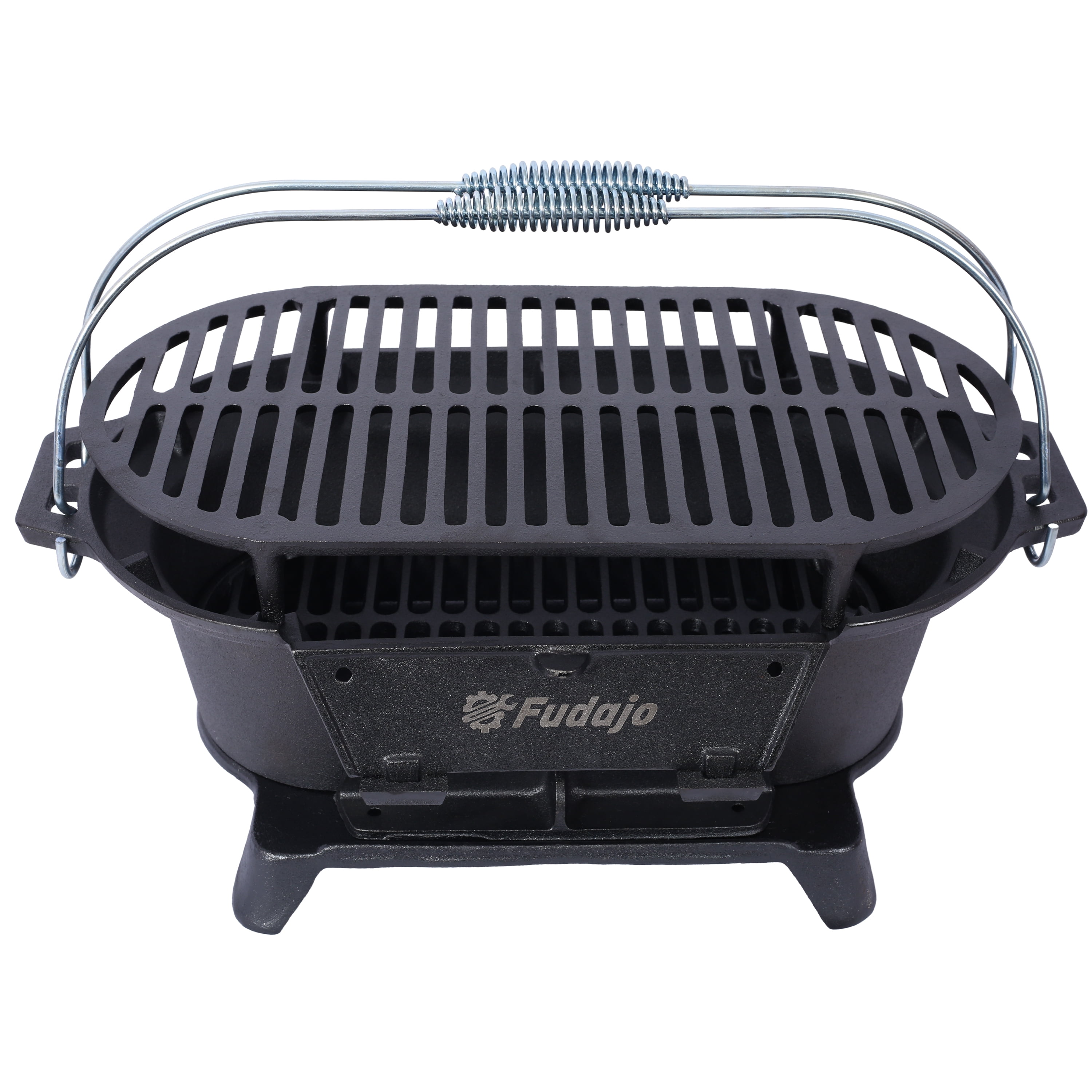 Oval Cast Iron Portable Charcoal Grill, Tabletop Hibachi Grill with Enamel Coating, Heat Retention Mini Camping Stove with Carrying Handles for Picnic Tailgating Hunting Backyard BBQ