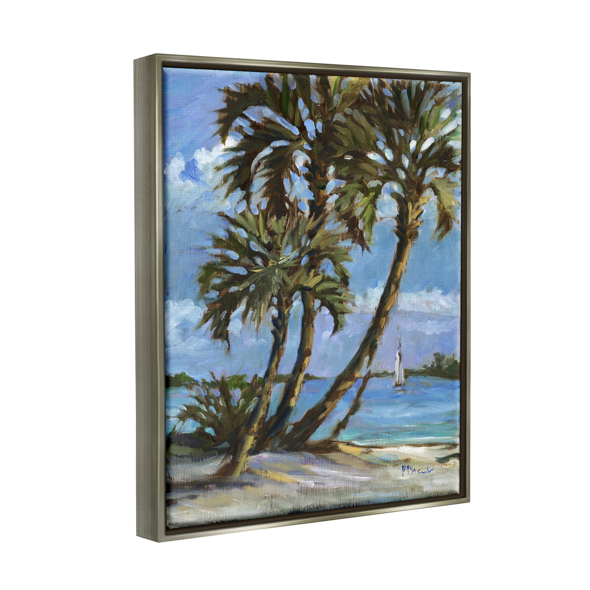 Stupell Industries Sailboat Tropical Shore Transportation Painting Gray Floater Framed Art Print Wall Art, 25 x 31