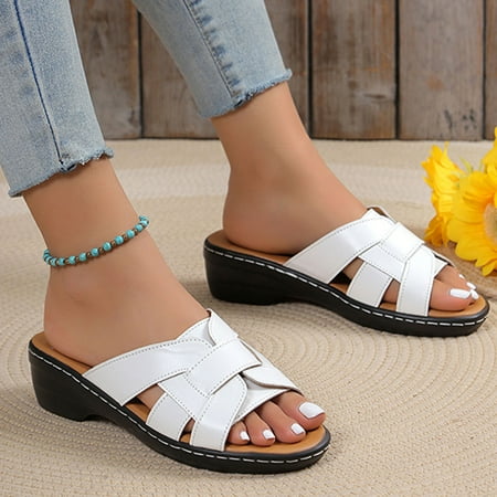 

Sandals for Women Aoujea Holiday Savings Women s Round Toe Thick Heeled Shoes Ladies Beach Sandals Summer Non-Slip Causal Slippers White 4.5 on Clerance