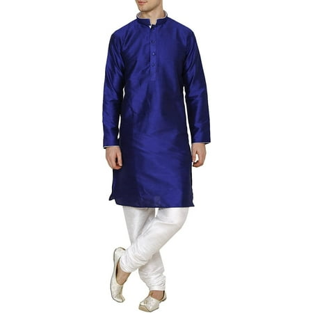 

Royal Kurta Men s Dupion Silk Contrast Piping Kurta Churidar Blue