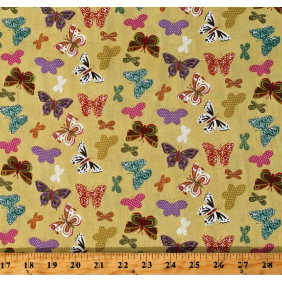 Cotton Butterflies Butterfly Insects Bugs Nature Wild Wonder Yellow Cotton Fabric Print by the Yard (Y1880-67LIGHTGOLD)